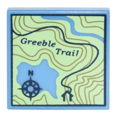medium blue tile 2 x 2 with map topographical trail with compass rose and greeble trail pattern