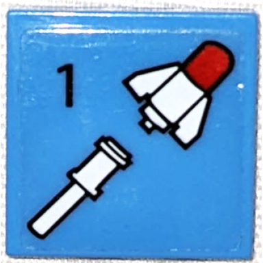 medium blue tile 2 x 2 with black number 1 and white missile rocket pattern sticker - set 70631