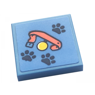 medium blue tile 2 x 2 with dark blue paw prints and coral dog collar with yellow tag pattern sticker - set 41738
