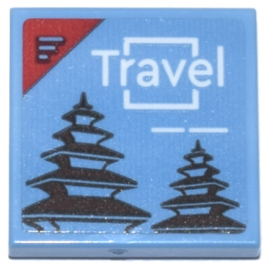 medium blue tile 2 x 2 with magazine with red corner white travel and black pagodas pattern sticker - set 76218