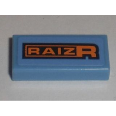 medium blue tile 1 x 2 with orange and black raizr pattern sticker - set 8193