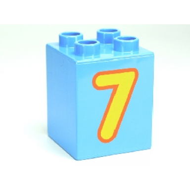 medium blue duplo brick 2 x 2 x 2 with yellow number 7 with orange outline pattern