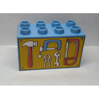 medium blue duplo brick 2 x 4 x 2 with tools on yellow background pattern
