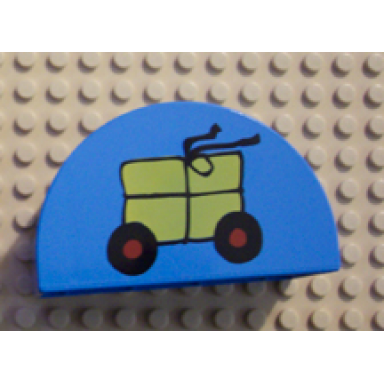 medium blue duplo brick 2 x 4 x 2 slope curved double with package on wheels pattern