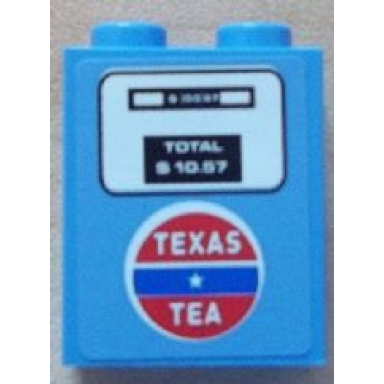 medium blue brick 1 x 2 x 2 with inside stud holder with texas tea gas fuel pump pattern sticker - set 8487