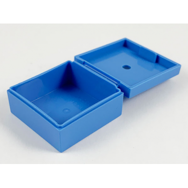 medium blue container box 3 1 2 x 3 1 2 x 1 1 3 with hinged lid