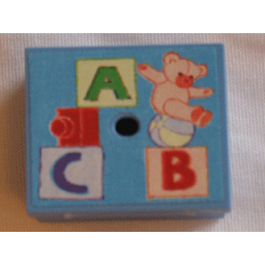 medium blue container box 3 1 2 x 3 1 2 x 1 1 3 with hinged lid with abc and teddy bear pattern sticker - set 3290