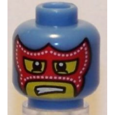 medium blue minifigure head balaclava with eye and mouth holes red mask and white pupils pattern