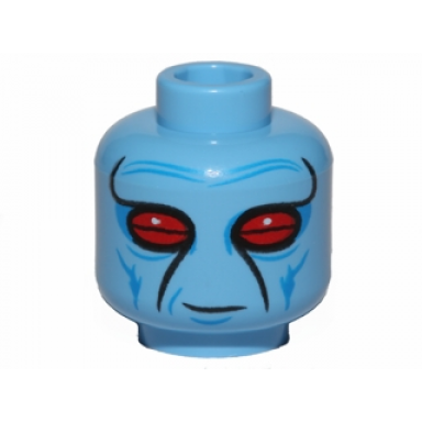 medium blue minifigure head alien with sw duros dark azure facial lines large red eyes and slight grin pattern
