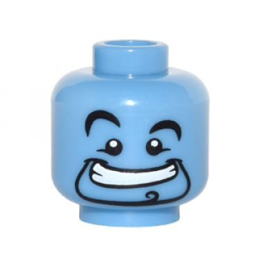 medium blue minifigure head alien with black curved eyebrows right raised eyebrow narrow goatee with curl wide mouth smile with teeth pattern