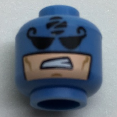 medium blue minifigure head balaclava with black eyes z in black circle light nougat face with sneer pattern