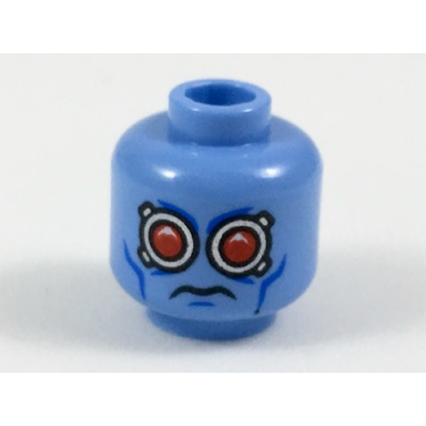 medium blue minifigure head alien with red eyes silver goggles and blue cheek lines pattern mr freeze
