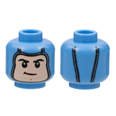 medium blue minifigure head balaclava light nougat face black eyebrows lopsided grin medium nougat chin cleft pattern