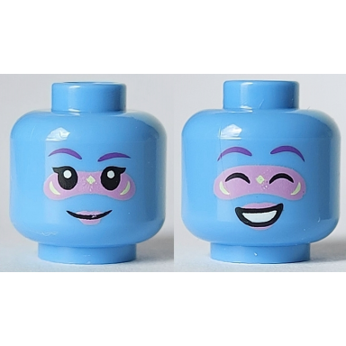 medium blue minifigure head dual sided female dark purple eyebrows medium lavender lips and around eyes smile open mouth with white teeth pattern