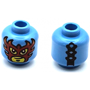 medium blue minifigure head balaclava with yellow face black soul patch lopsided grin wrestling mask with red and orange flames laces on back pattern