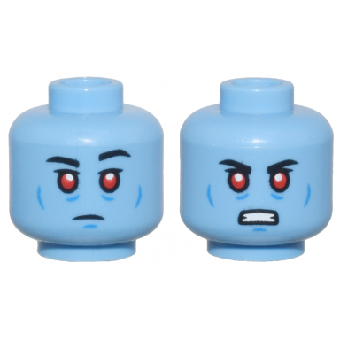 medium blue minifigure head dual sided thin black eyebrows upper eyelids red eyes blue cheek lines and chin dimple neutral angry bared teeth pattern