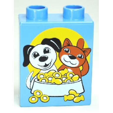 medium blue duplo brick 1 x 2 x 2 with dog and cat with food bowl pattern