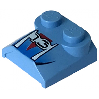 medium blue slope curved 2 x 2 x 2 3 with 2 studs and curved sides lip end with stylized number 73 on red triangle pattern