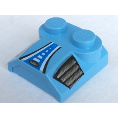 medium blue slope curved 2 x 2 x 2 3 with 2 studs and curved sides lip end with black blue and white stripes silver air vents pattern