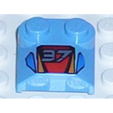 medium blue slope curved 2 x 2 x 2 3 with 2 studs and curved sides lip end with 37 on red stripe orange stripes blue panels pattern