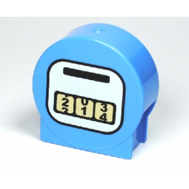 medium blue duplo brick 1 x 2 x 2 round top with gas fuel pump gauge pattern