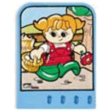 story builder farmyard fun card with girl carrying basket of eggs and flower pattern