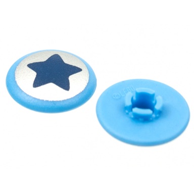 medium blue clikits icon round 2 x 2 large with pin with dark blue star on silver background pattern