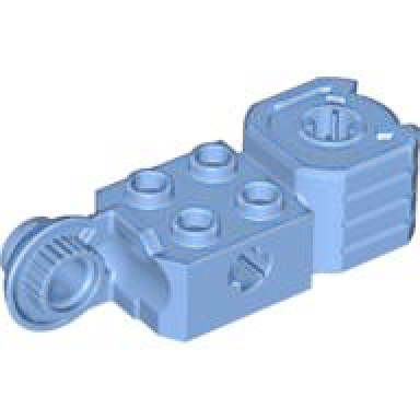 medium blue technic brick modified 2 x 2 with axle hole rotation joint ball half vertical and fist