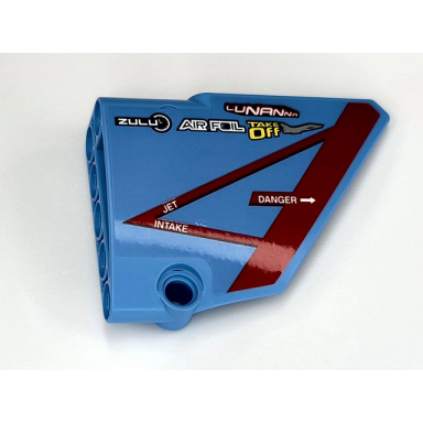 medium blue technic panel fairing 14 large short smooth side b with dark red triangle and white danger jet intake with logos pattern sticker - set 42066