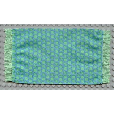 medium blue scala cloth rug with medium green squares and fringe pattern
