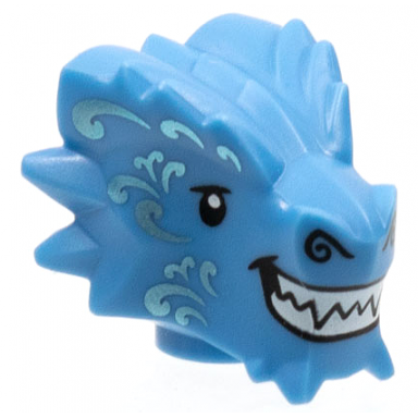 medium blue minifigure head modified dragon with black eyes and nostrils metallic light blue filigree white sharp teeth pattern