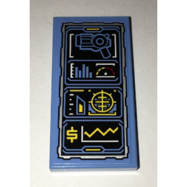medium blue tile 2 x 4 with batcomputer grappling gun and wayne fortune status pattern sticker - set 70909