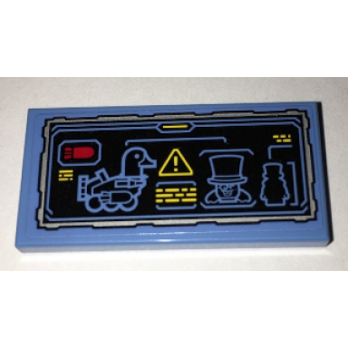 medium blue tile 2 x 4 with batcomputer penguin and duck tank status pattern sticker - set 70909