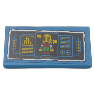 medium blue tile 2 x 4 with control panel display with reggae man minifigure and yellow bar chart pattern sticker - set 70923