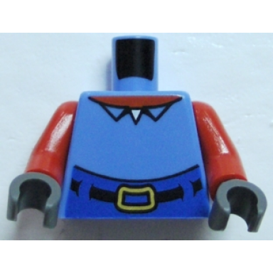medium blue torso spongebob with high waist blue pants black belt with gold buckle red neck shirt collar pattern red arms dark bluish gray hands