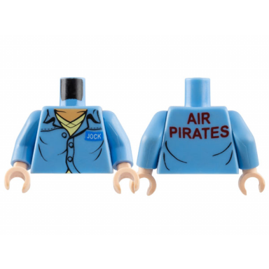 medium blue torso button up shirt with open collar white jock on blue name badge and dark red air pirates on back over bright light yellow v-neck light nougat neck pattern medium blue arms light nougat hands