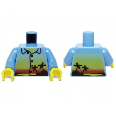 medium blue torso shirt with sunset and palm trees red buttons and back print pattern medium blue arms yellow hands