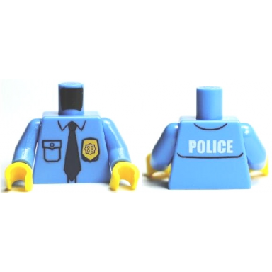 medium blue torso police uniform shirt with pocket and white police on back gold badge dark blue tie pattern medium blue arms yellow hands