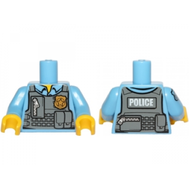 medium blue torso police shirt with dark bluish gray vest gold badge zipper and white police pattern on back medium blue arm left medium blue arm right with star badge pattern yellow hands