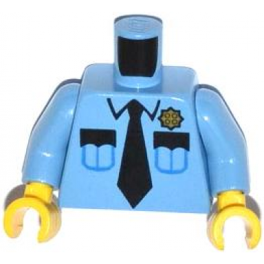 medium blue torso police shirt with gold badge 2 pockets and black tie pattern medium blue arms yellow hands