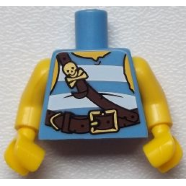 medium blue torso pirate tank top with white horizontal stripes dark brown belts with gold buckle and skull and crossbones clasp yellow neck and shoulders pattern yellow arms yellow hands