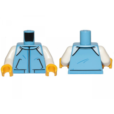 medium blue torso town jacket with pockets white shoulders blue and white waistband pattern white arms yellow hands