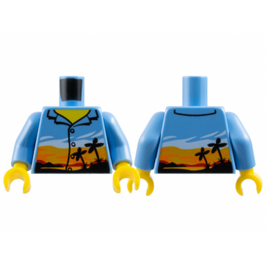 medium blue torso shirt with buttons and tropical sunset with bright light orange sky and black palm trees yellow neck pattern medium blue arms yellow hands