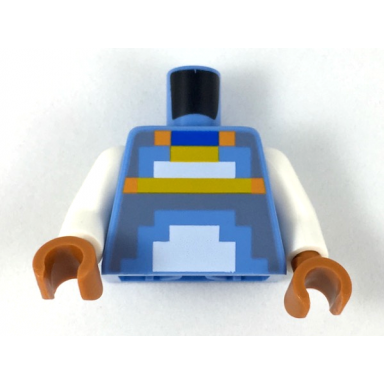medium blue torso orange blue bright light orange white and dark bluish gray pixelated armor pattern white arms dark orange hands