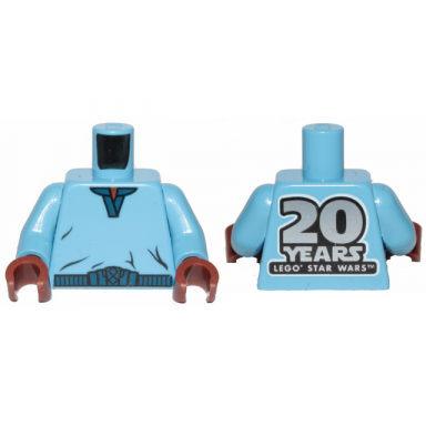 medium blue torso sw v-collar shirt and dark blue trim with 20 years lego star wars on back pattern lando calrissian medium blue arms reddish brown hands