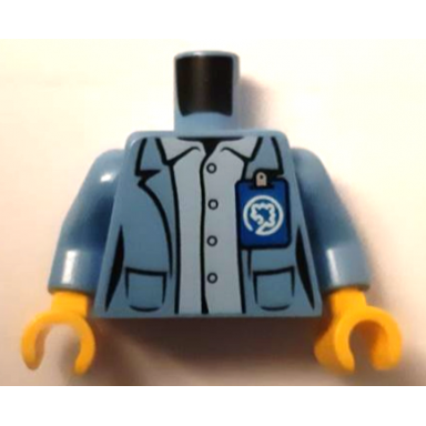 medium blue torso jacket open with pockets over bright light blue shirt with buttons blue tag with white play day cognitive puzzle piece logo pattern medium blue arms yellow hands