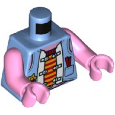 medium blue torso vest red and yellow undershirt pocket star and pig on back pattern pigsy bright pink arms bright pink hands
