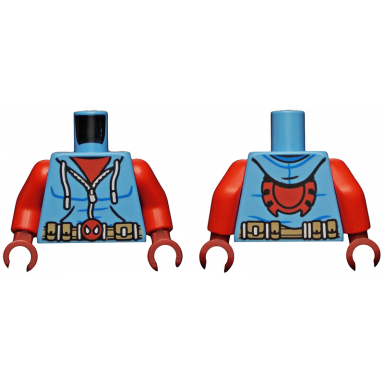 medium blue torso spider-man costume 7 hoodie and dark tan spider belt pattern red arms dark red hands