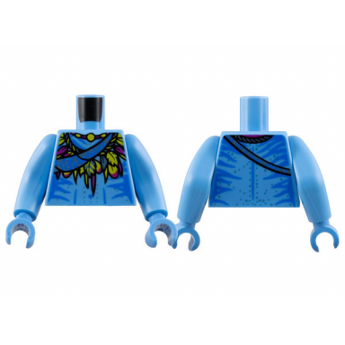 medium blue torso navi with blue markings and sash magenta and yellow feathers mantle and necklace and silver spots pattern medium blue arms long medium blue hands
