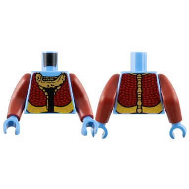 medium blue torso navi with dark red jacket red and yellow spots and medium nougat bone collar pattern dark red arms long medium blue hands
